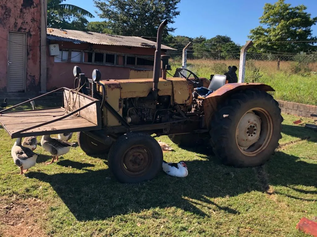 Trator antigo em propriedade rural atendida pela AgriJr, com aves ao redor